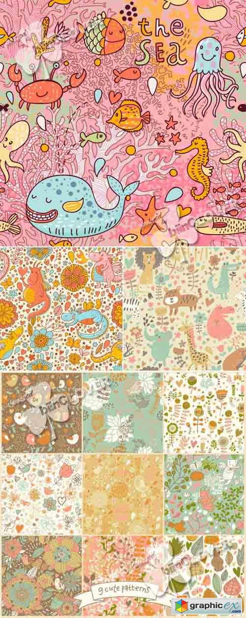 Vector Seamless pattern with birds and flowers 0449