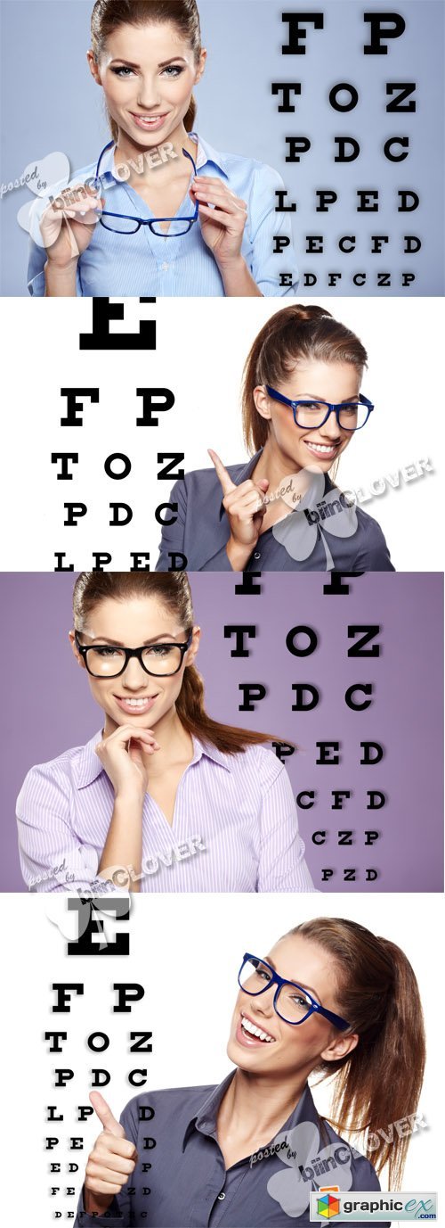 Woman with glasses and eye test chart 0394