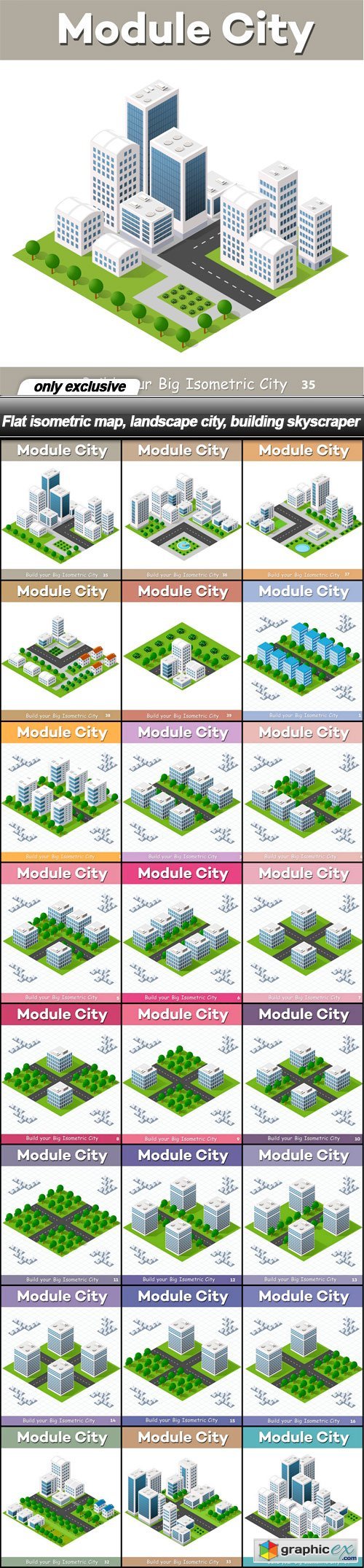 Flat isometric map, landscape city, building skyscraper - 24 EPS