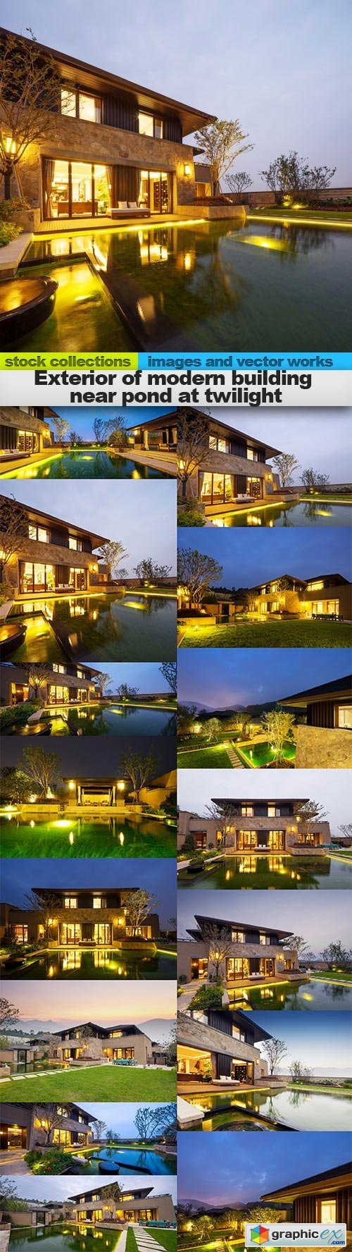 Exterior of modern building near pond at twilight, 15 x UHQ JPEG