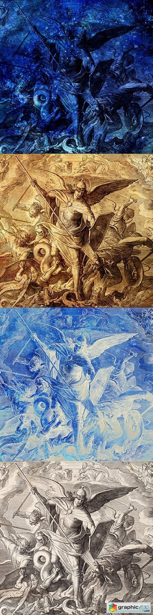 Archangel Michael fighting with dragon, engraving of Nazareene School, published in The Holy Bible, St.Vojtech Publishing, Trnava, Slovakia, 1937