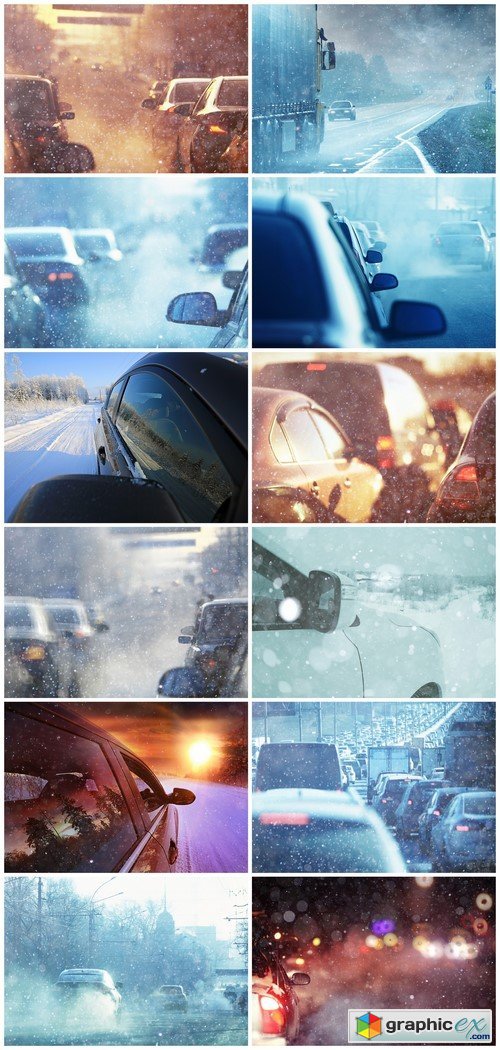 Cars on the road snow frosty winter day 12X JPEG