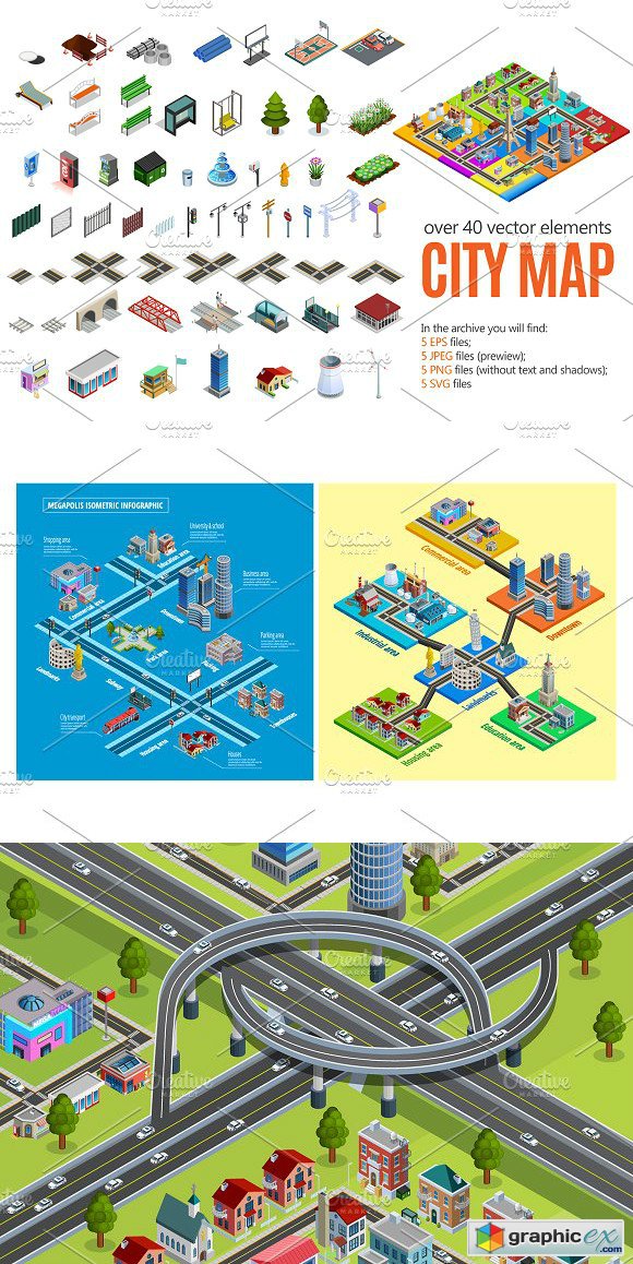 City Map Isometric Elements Set