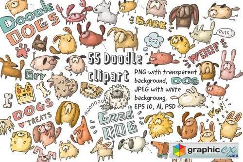 Set of funny dogs and patterns