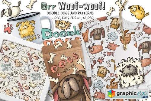 Set of funny dogs and patterns