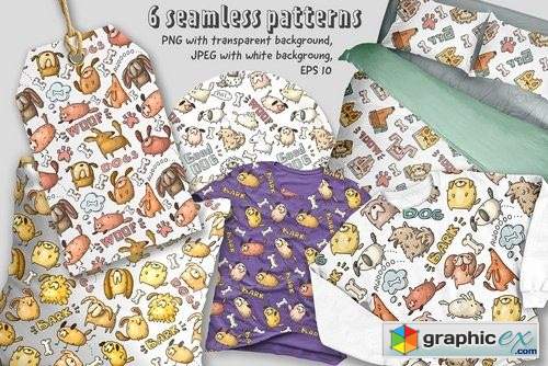 Set of funny dogs and patterns