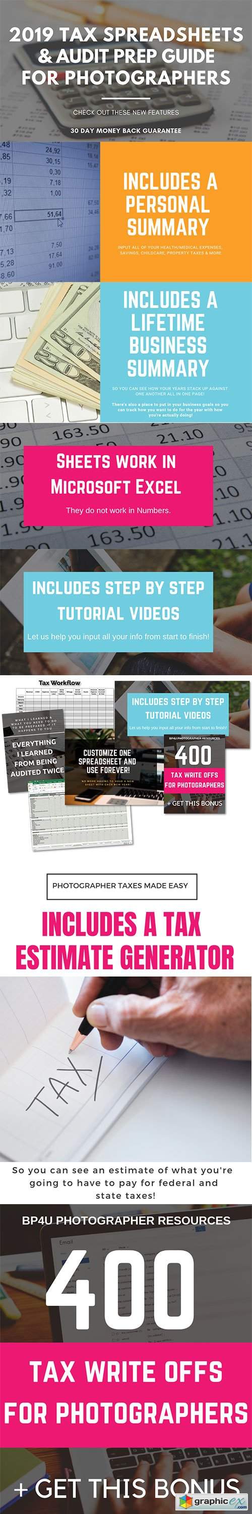 2019 Tax Estimator, Multi-Year Photography Tax Spreadsheets, Tax Write Offs, Audit Prep Guide