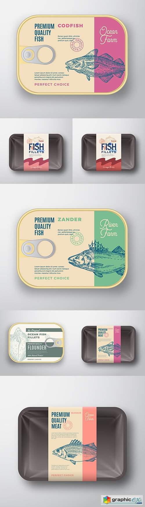 Package and container for fish with lid for label design