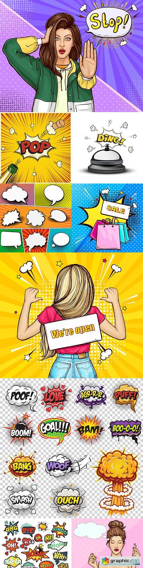  Pop art girl and speech comic book set design 