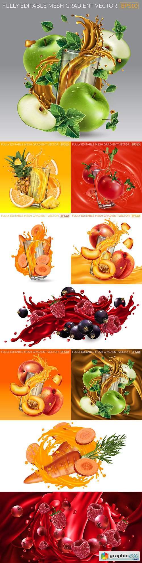 Fruit and berries in glass with splash of fruit juice