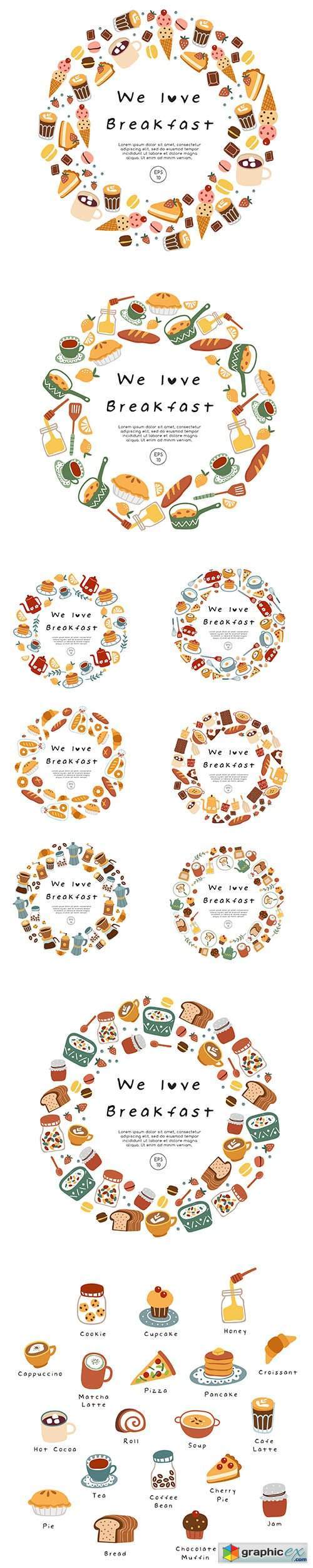 Hand-drawn coffee sweets and pastry