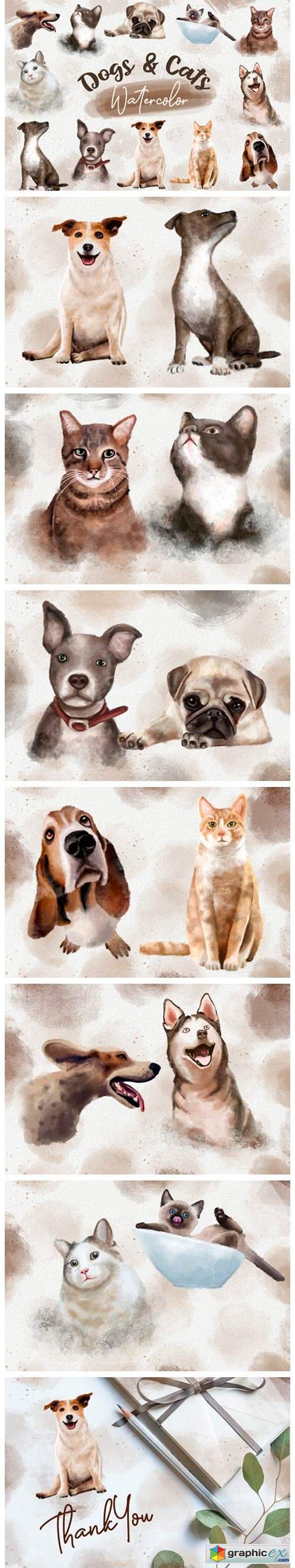  Dogs and Cats Watercolor Collection 