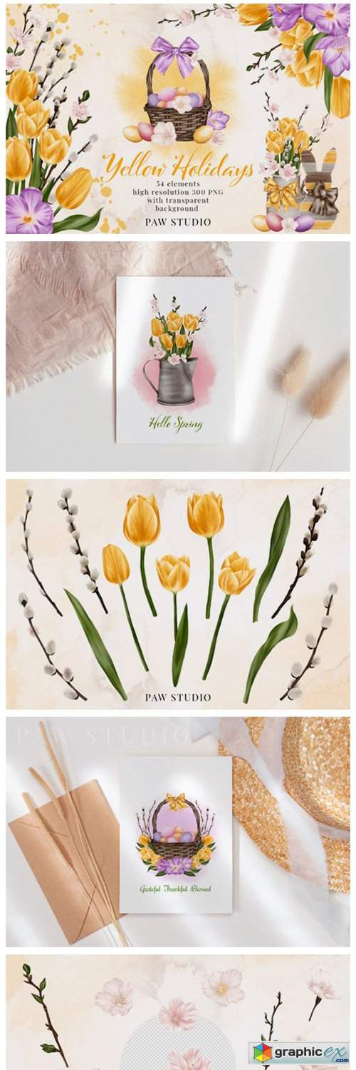  Easter Spring Clipart Yellow Tulips Eggs 