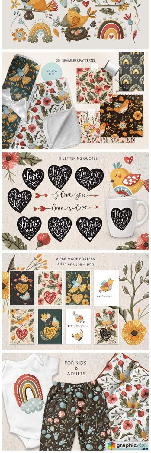 Birds & Flowers. Spring Floral Bundle