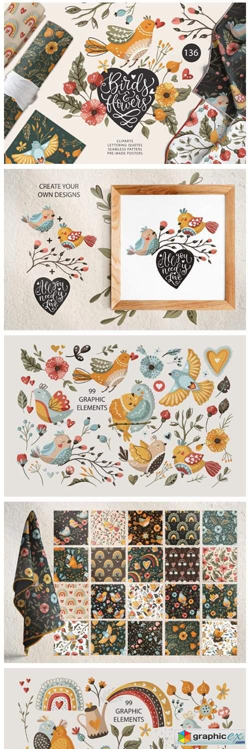 Birds & Flowers. Spring Floral Bundle