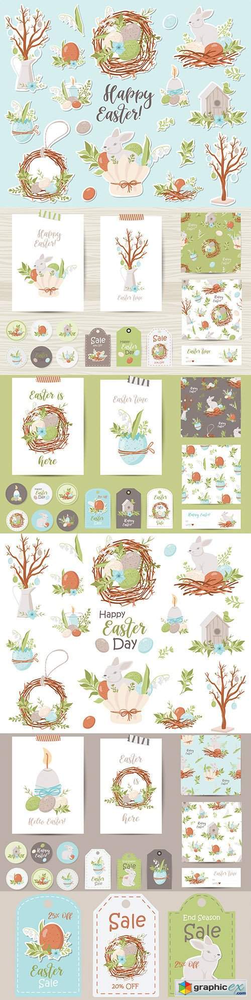 Happy Easter funny rabbit stickers and holiday elements