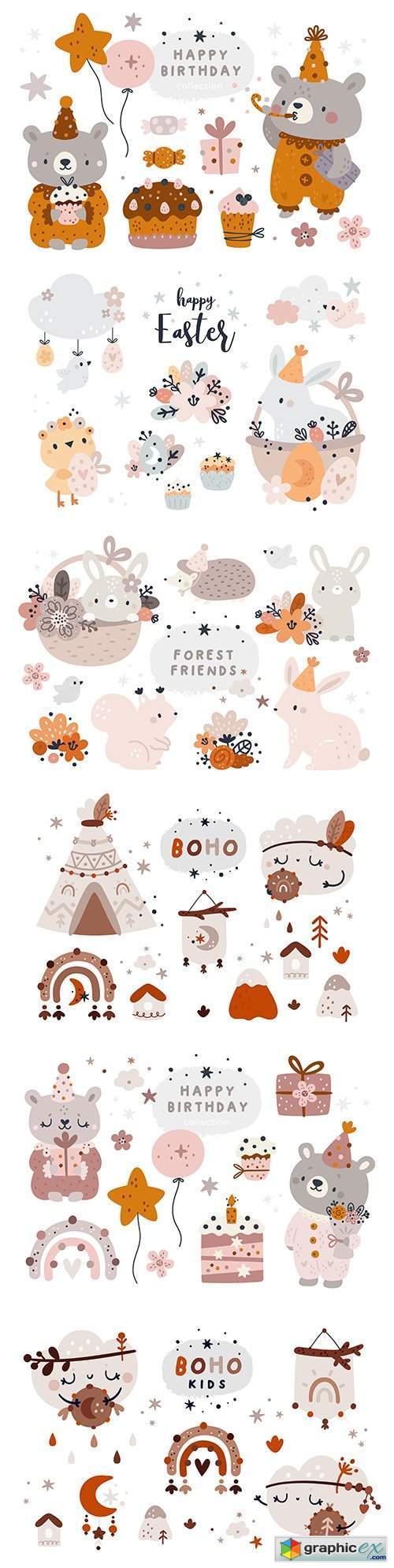Cute animal design elements in Scandinavian and boho style
