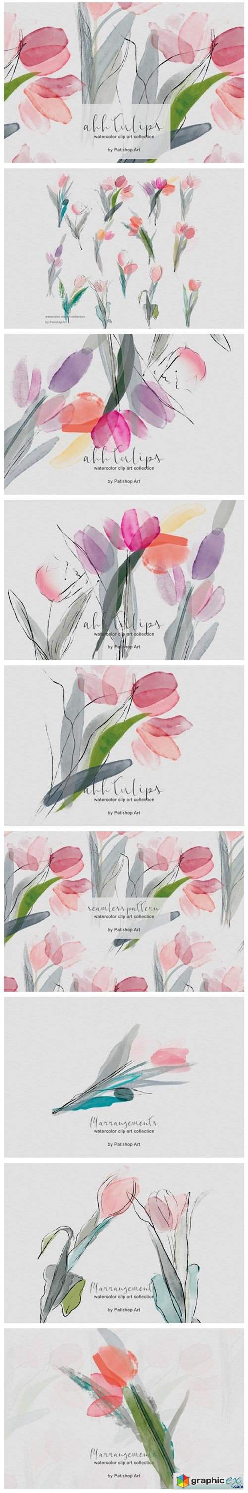  Delicate Watercolor Tulip Clipart Set 