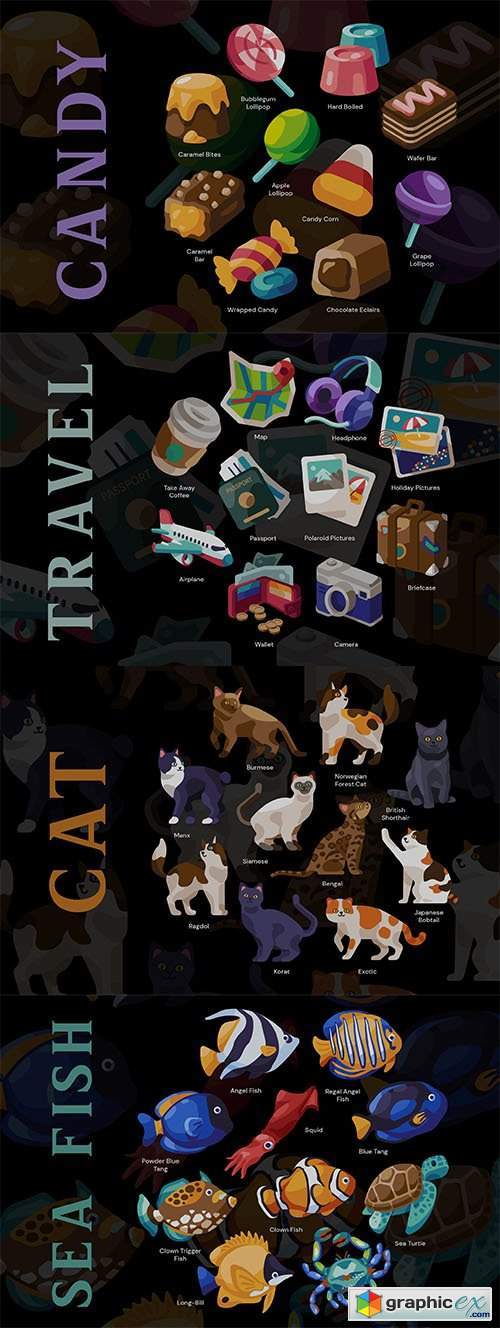 Sea fish, cat, candy and travel design object set