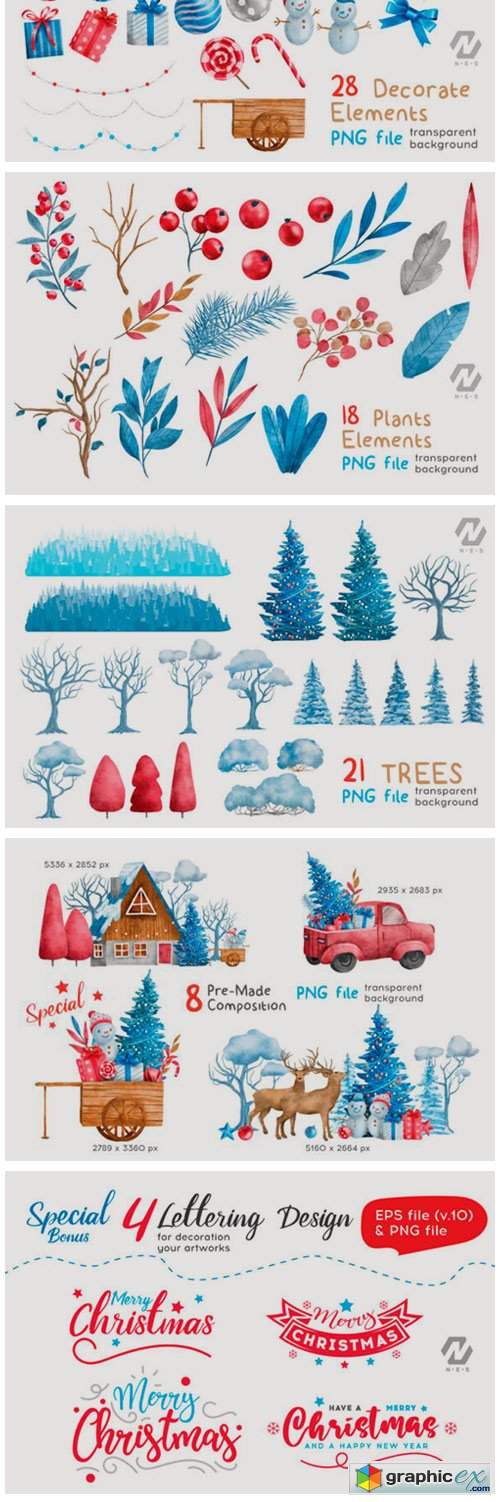  Christmas Happy Land Watercolor Elements 