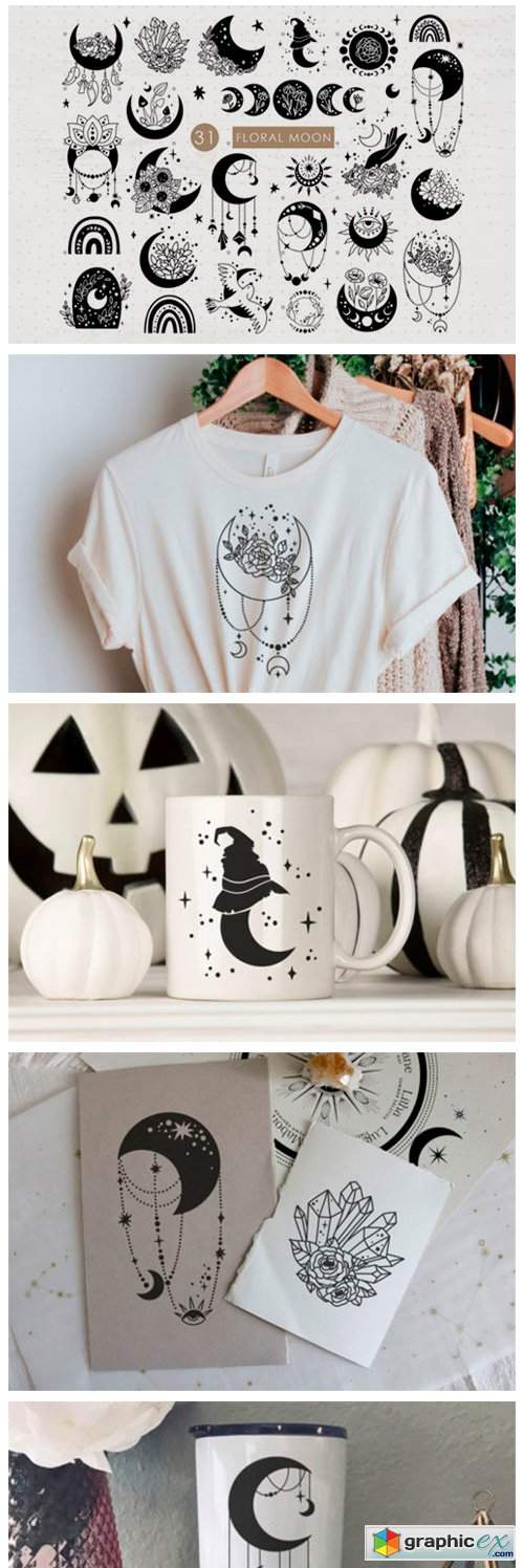  Moon and Flowers Celestial SVG Bundle 